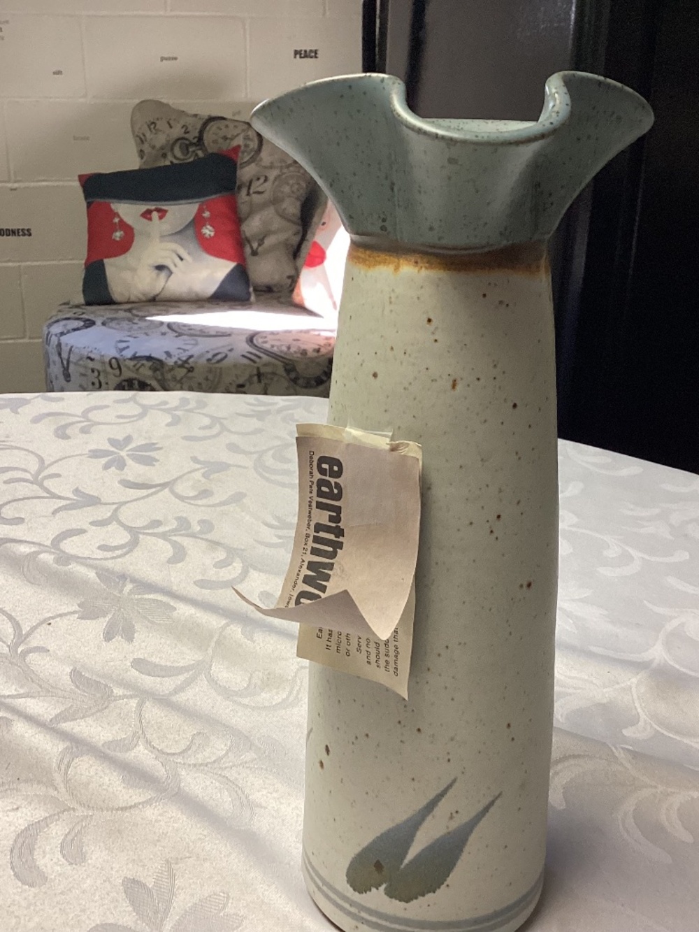 EARTHWORKS. TALL LOVELY STONEWARE PITCHER NWT. BLUES